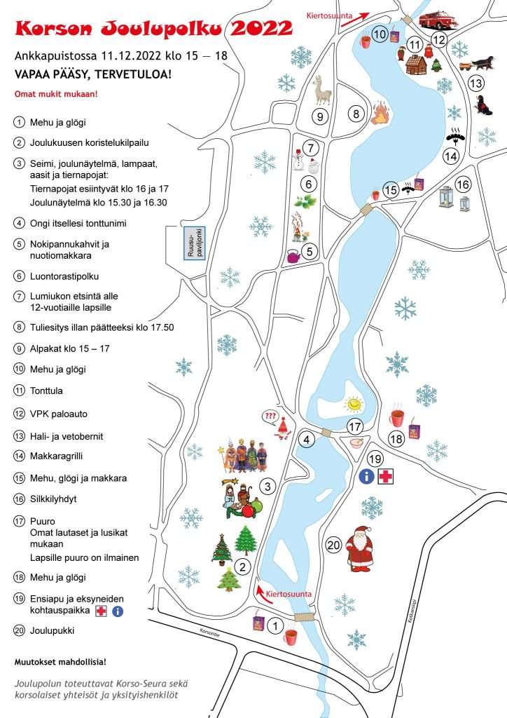 Korson joulupolun tapahtumapaikat.